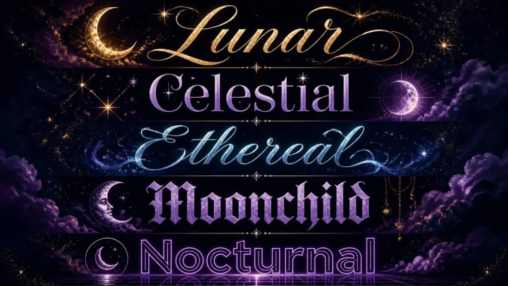 A typography image showcasing different aesthetic moon words like Lunar and Celestial in varying font styles. 