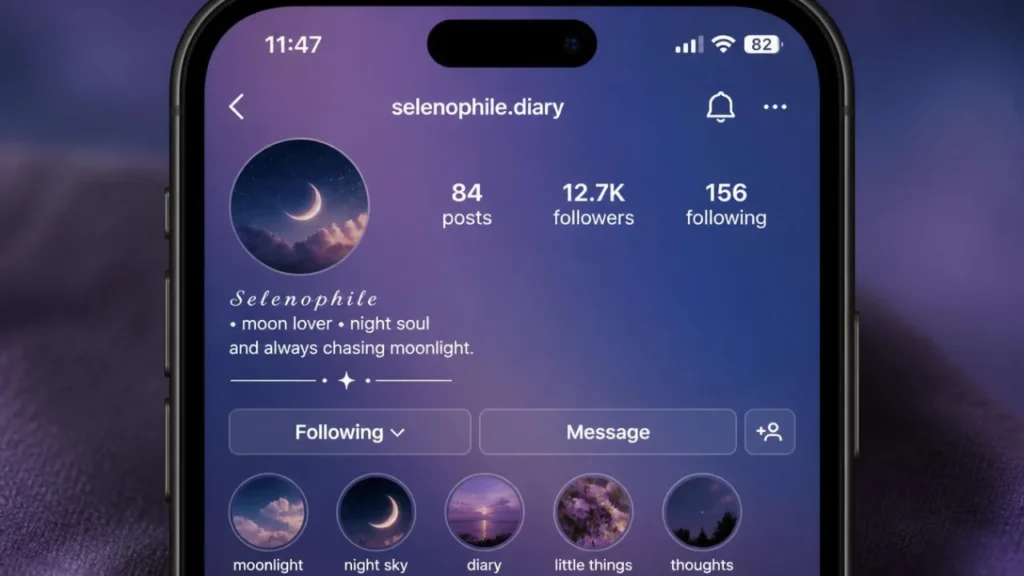 A smartphone mockup showing an aesthetic Instagram bio with the stylish font "Selenophile.